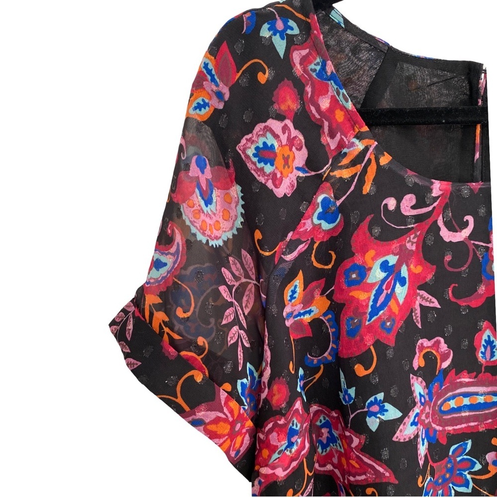 Estelle Floral Paisley Shirt Bitty Dot Metallic Asymmetrical Hem Top Size 2X - Picture 2 of 9